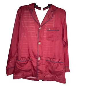 VTG Dior Maroon Satin Pajama Top Blue Piping Button Front Lounge Shirt Unisex